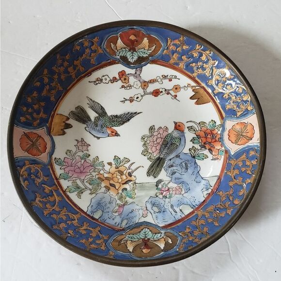 Handpainted Brass Base Asian Bowl - Picture 3 of 6